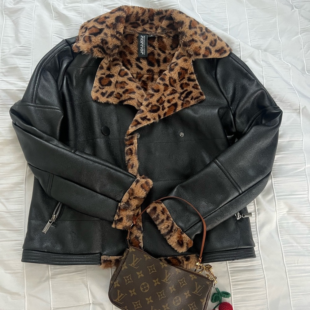 Faux leather jacket with leopard trim